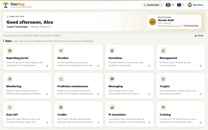 The OneStop home in the Demo section: the tiles of every client app, on the simulated Nordet Gold mine