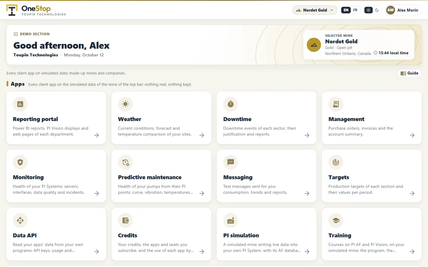 The OneStop home in the Demo section: the tiles of every client app, on the simulated Nordet Gold mine