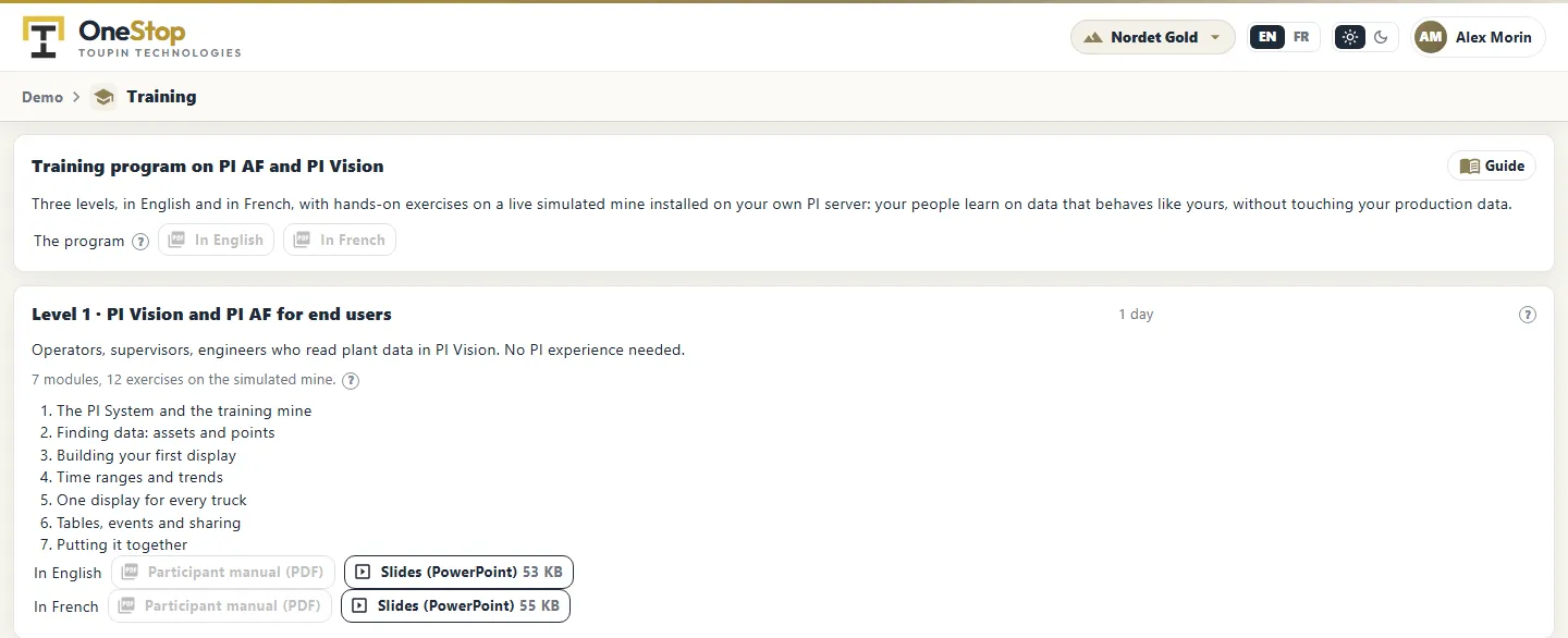 The Training app: the program and the first level, with its modules