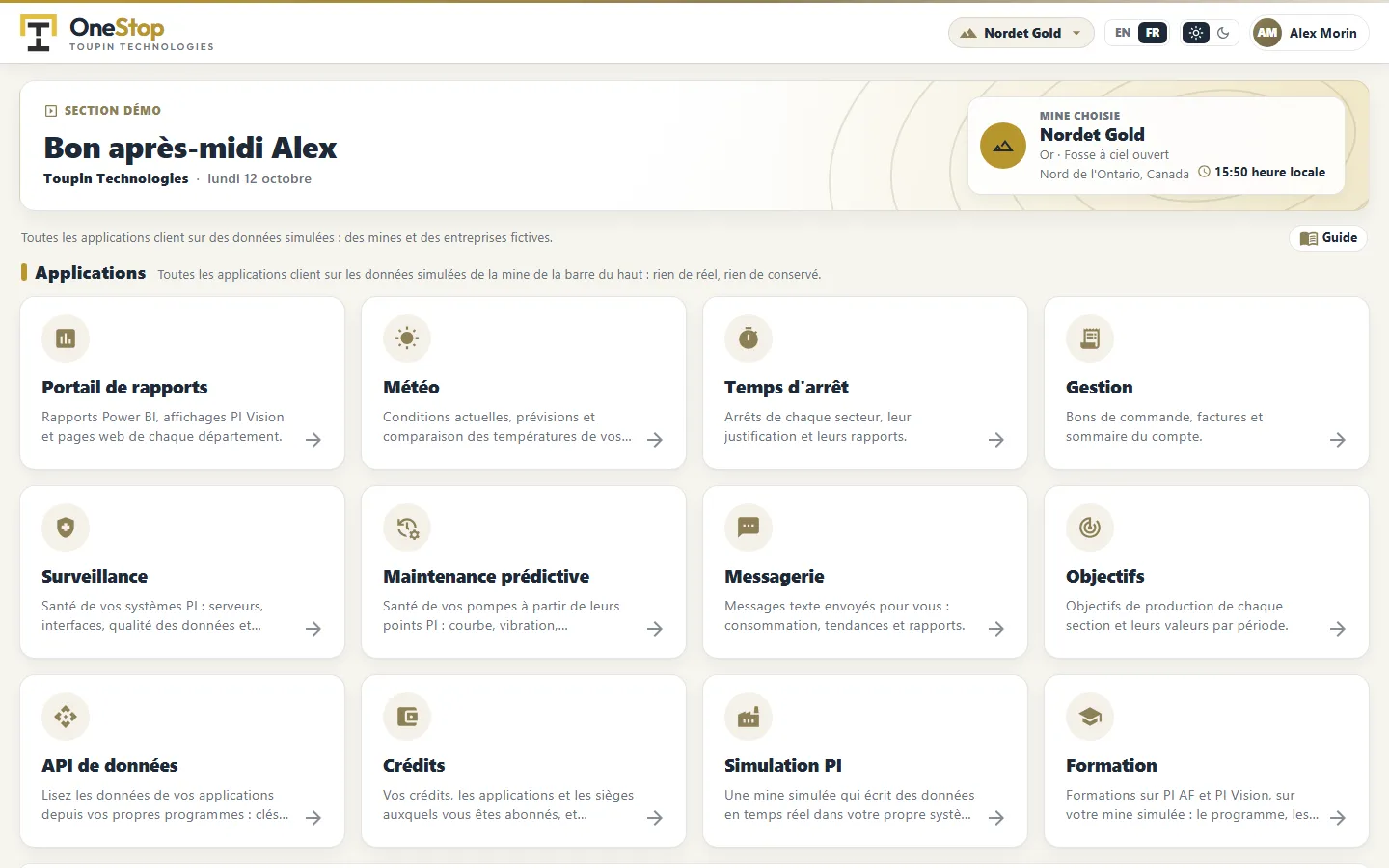 L’accueil de OneStop dans la section Démo : les tuiles de toutes les applications client, sur la mine simulée Nordet Gold