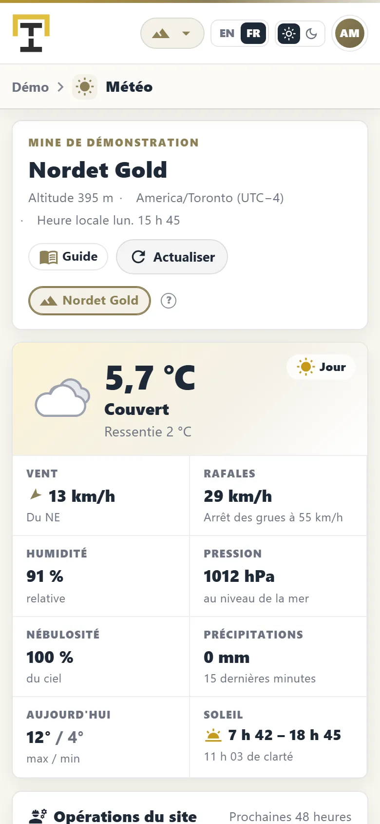 La météo de la mine simulée sur un téléphone